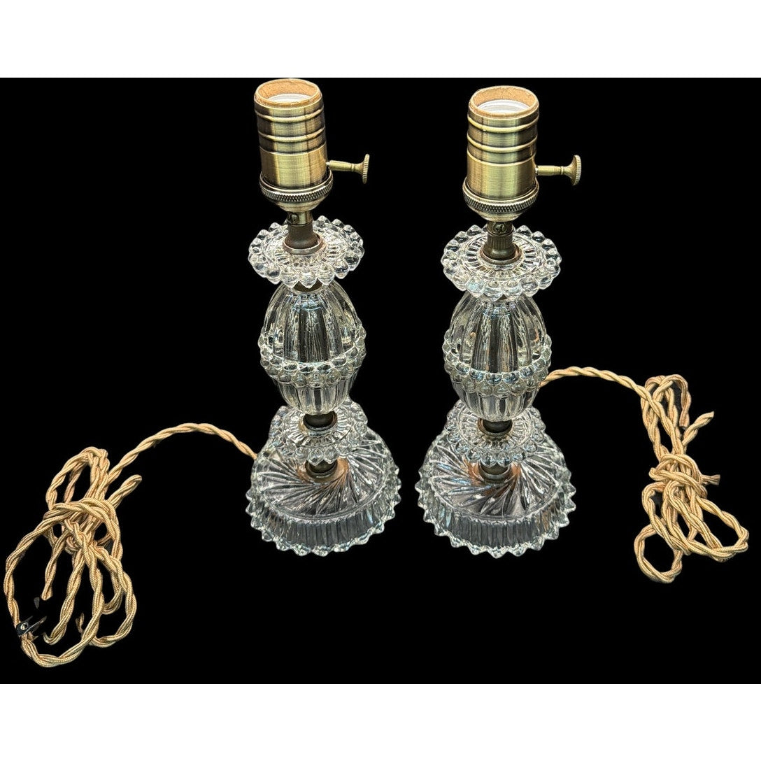 Pair Vintage Pressed Glass Boudoir Lamps Professionally Rewired 1940s