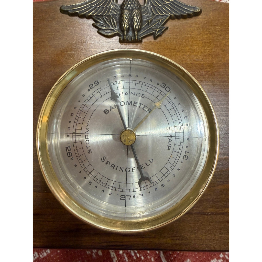 Vintage Springfield Weather Station Brass Tone Barometer Thermometer Eagle Wood