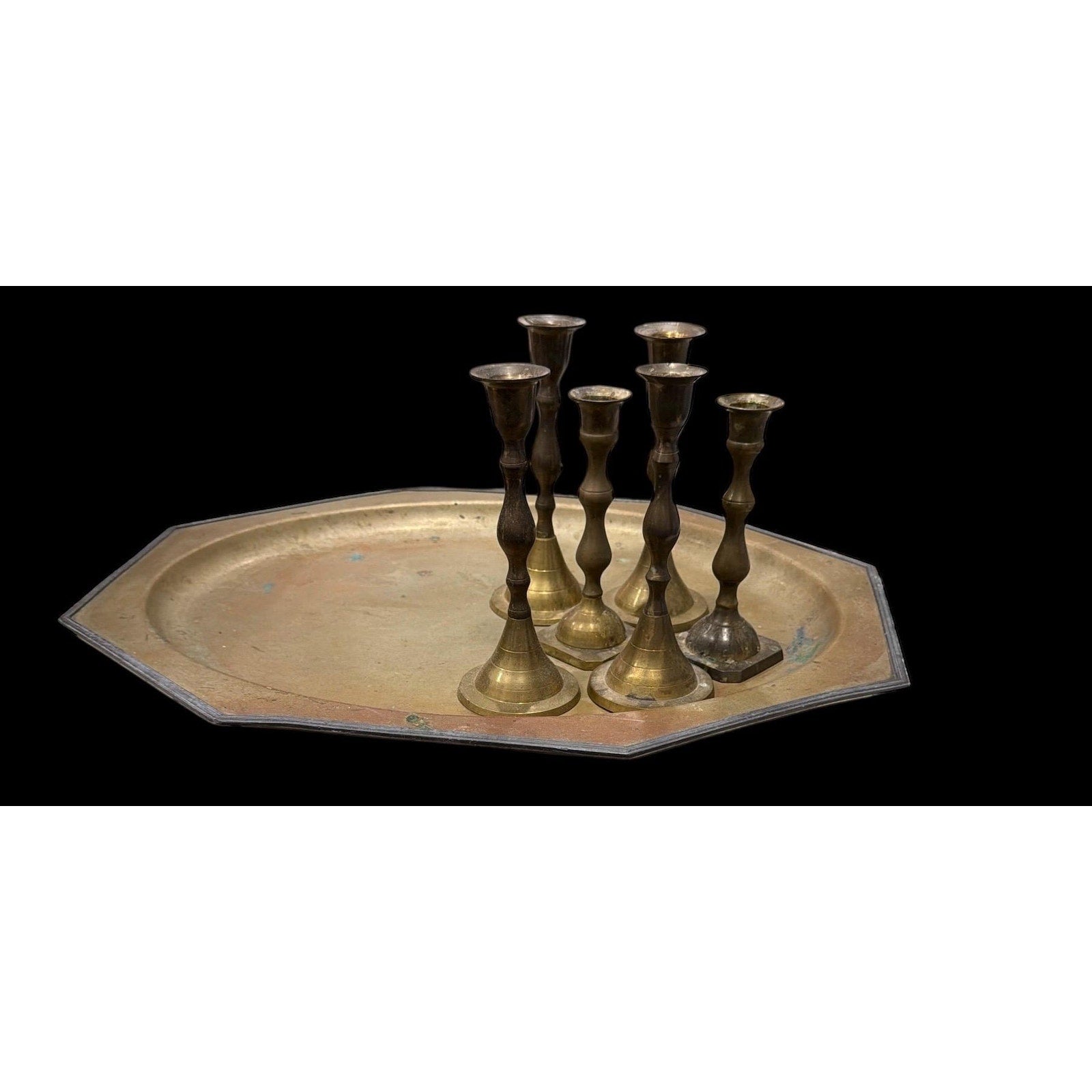 Monumental Antique Brass Tray with Six Candlesticks – Old World European Table Centerpiece