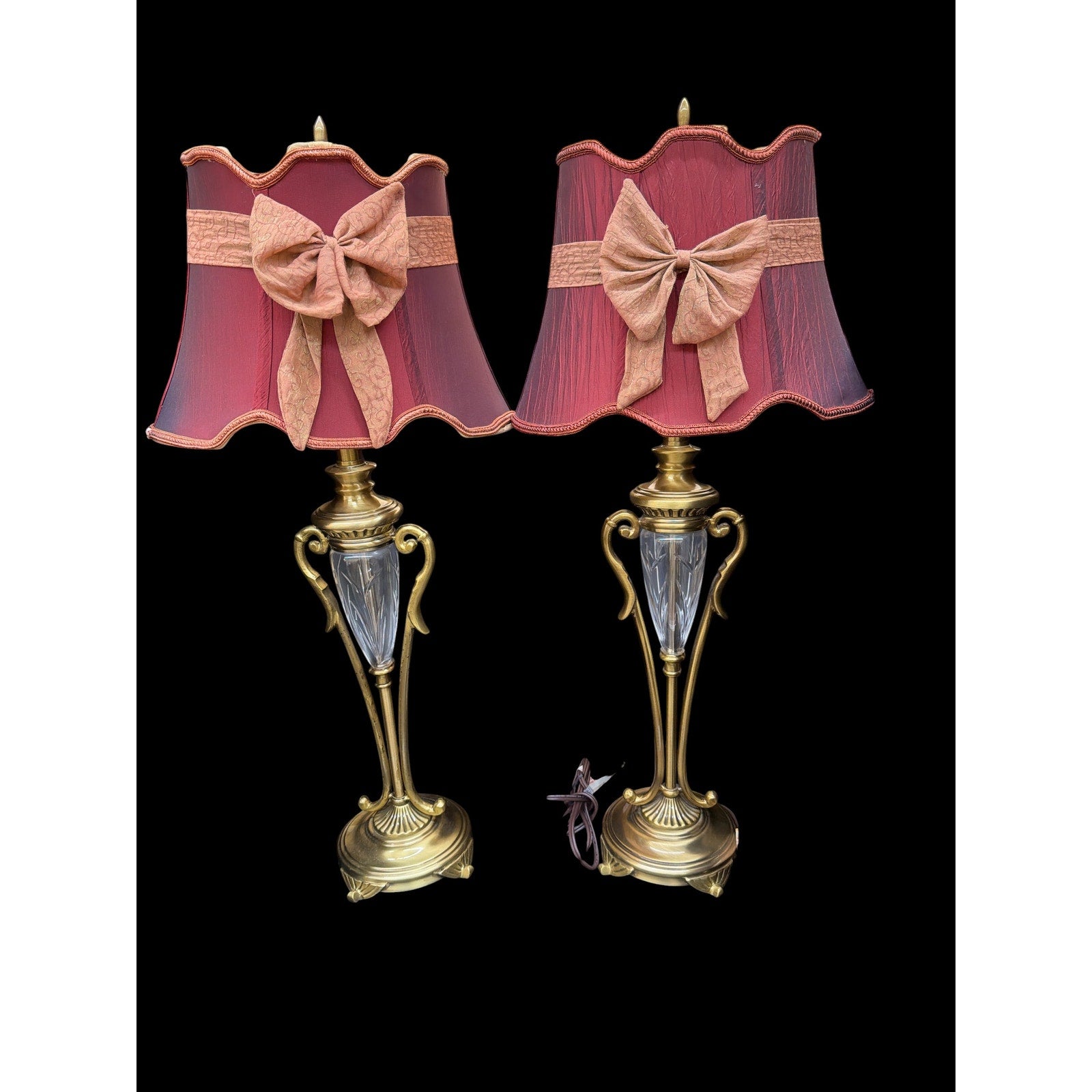 Pair Neoclassical Gold Tone Cut Glass Table Lamps with Bow Shades