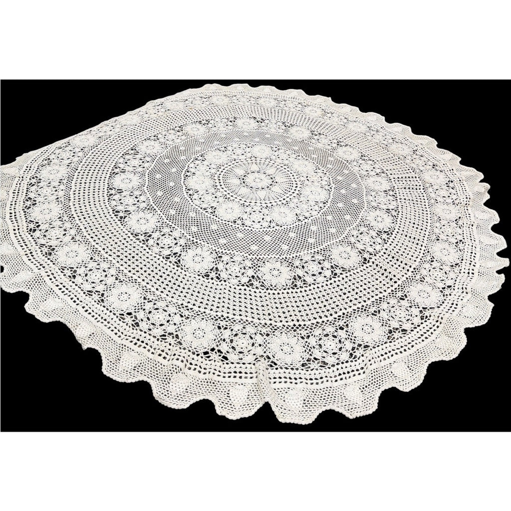 Vintage Hand Crochet Lace Tablecloth 57" Round Floral Wedding Table Linen – additional view 8