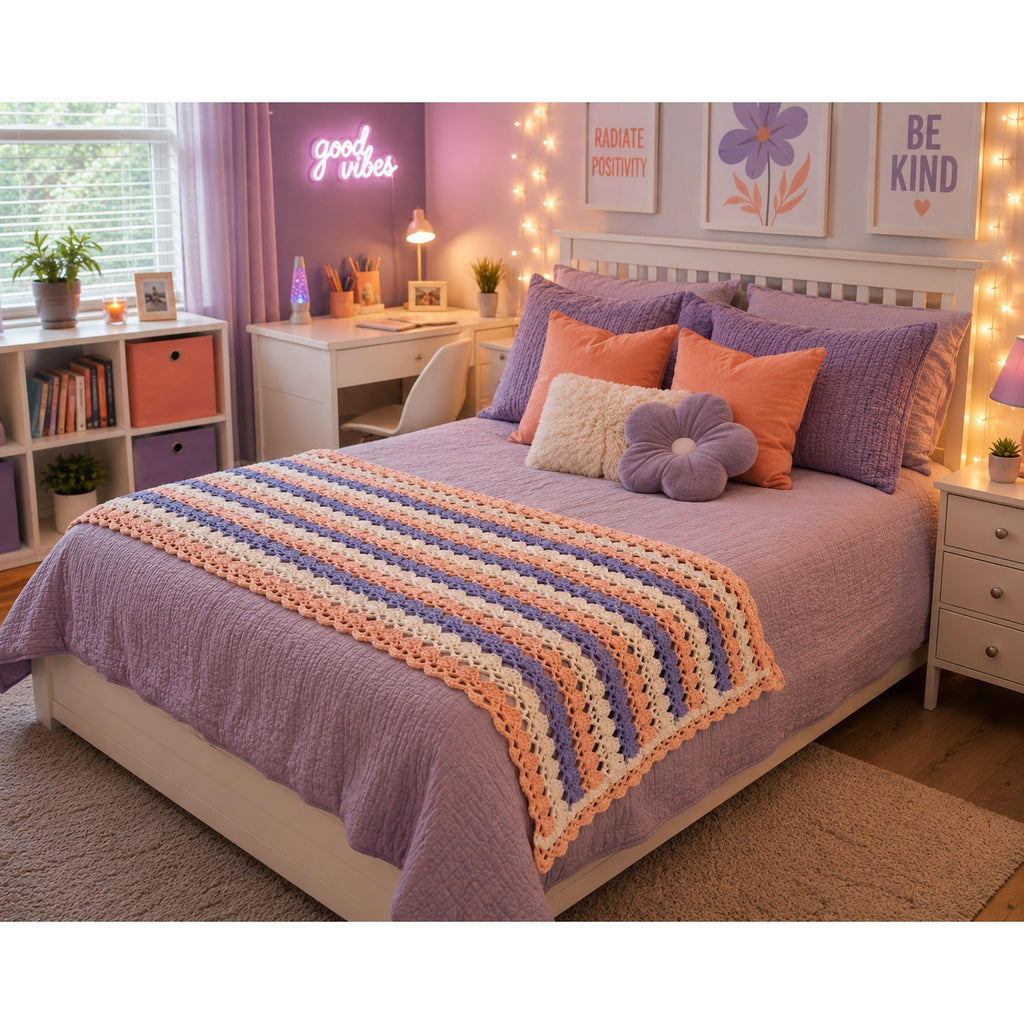 Vintage Crochet Lap Blanket Peach Blue Cream Handmade Afghan 25 x 60 – main view