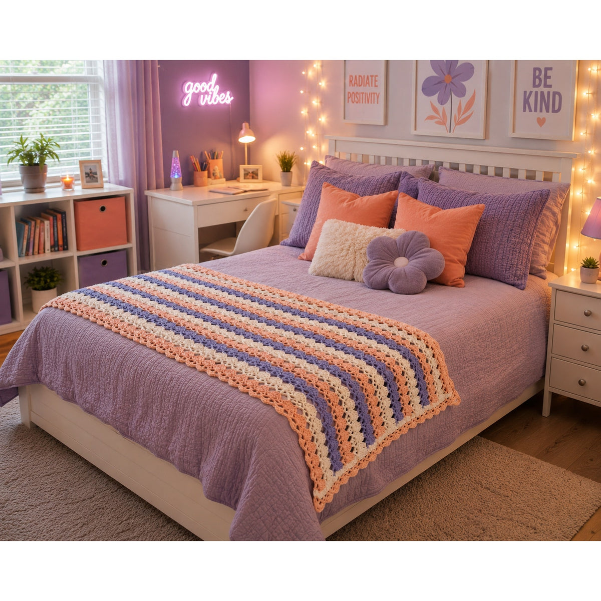 Vintage Crochet Lap Blanket Peach Blue Cream Handmade Afghan 25 x 60 – main view