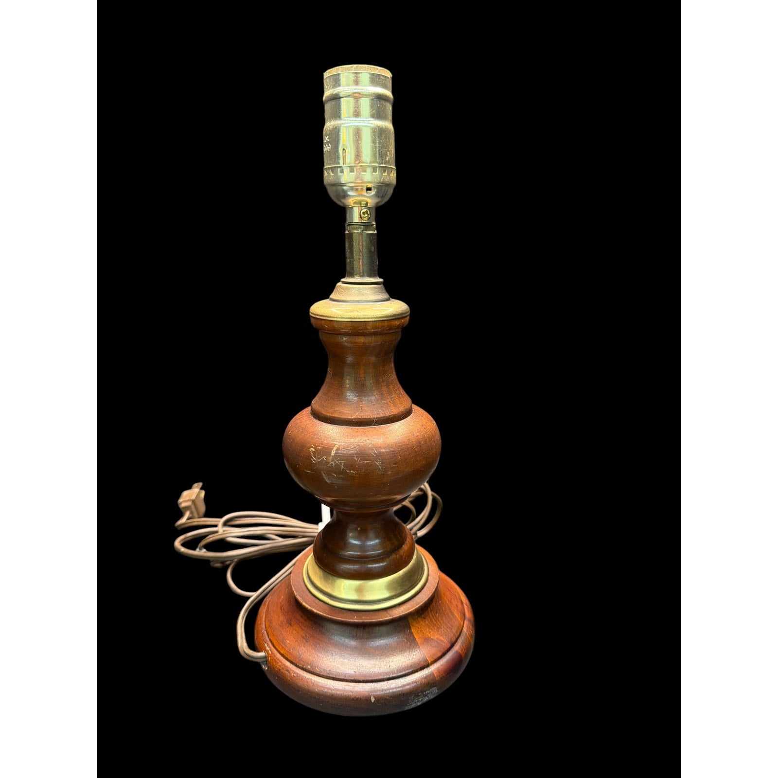 Vintage Turned Wood & Brass Table Lamp, Colonial Style Accent Desk Lamp