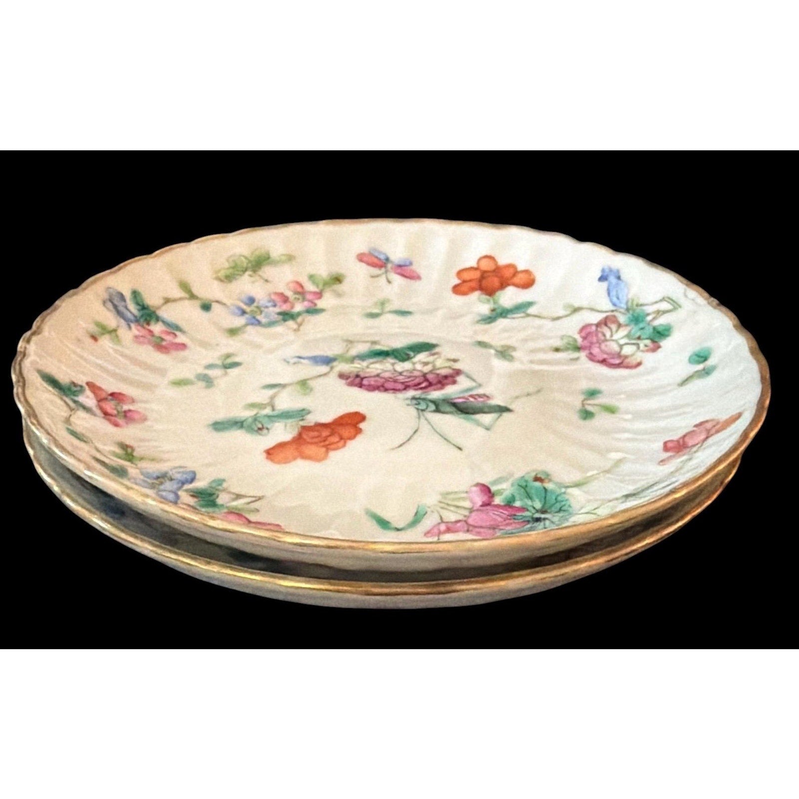 Vintage Chinoiserie Porcelain Bowls Pair Floral Cricket Trinket Dishes