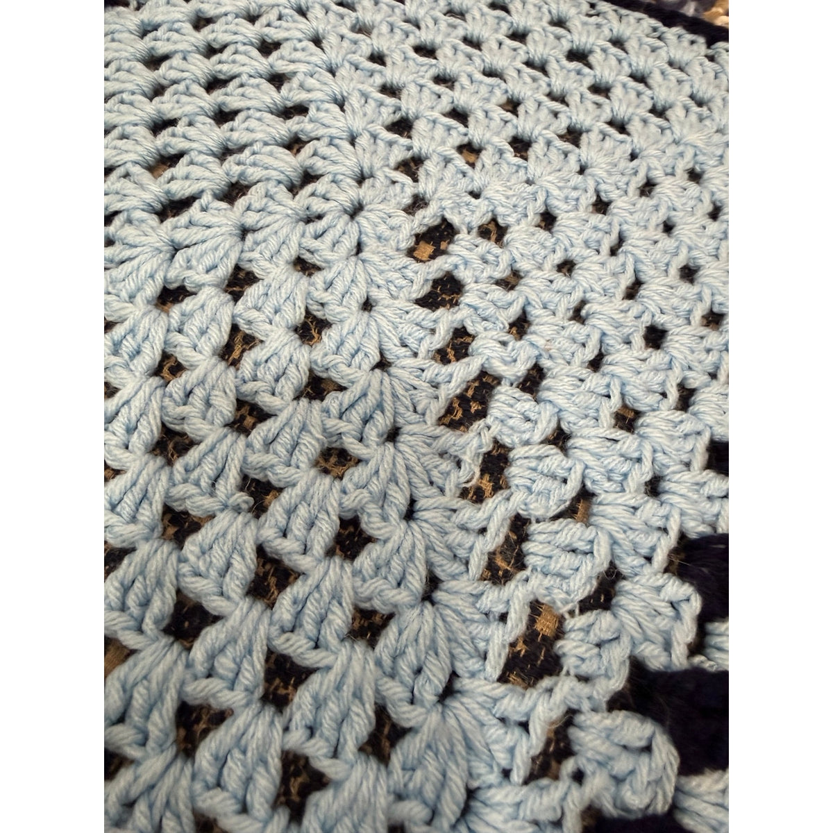 Handmade Crochet Patchwork Afghan Blanket Navy Blue Tan 45 x 45