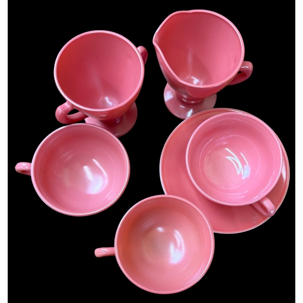 Hazel Atlas Moderntone Salmon Pink Platonite Cups Sugar Creamer Set – additional view 3