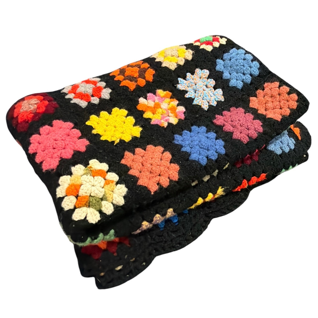 Vintage Handmade Granny Square Afghan Throw Black Crochet Blanket 78 x 52