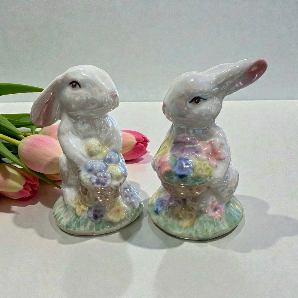 Vintage Lusterware Bunny Figurines Pair Ceramic Easter Rabbits with Flowers