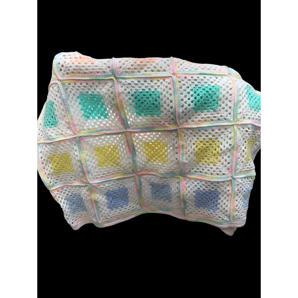 Handmade Pastel Crochet Granny Square Afghan Twin Bedspread 74 x 68