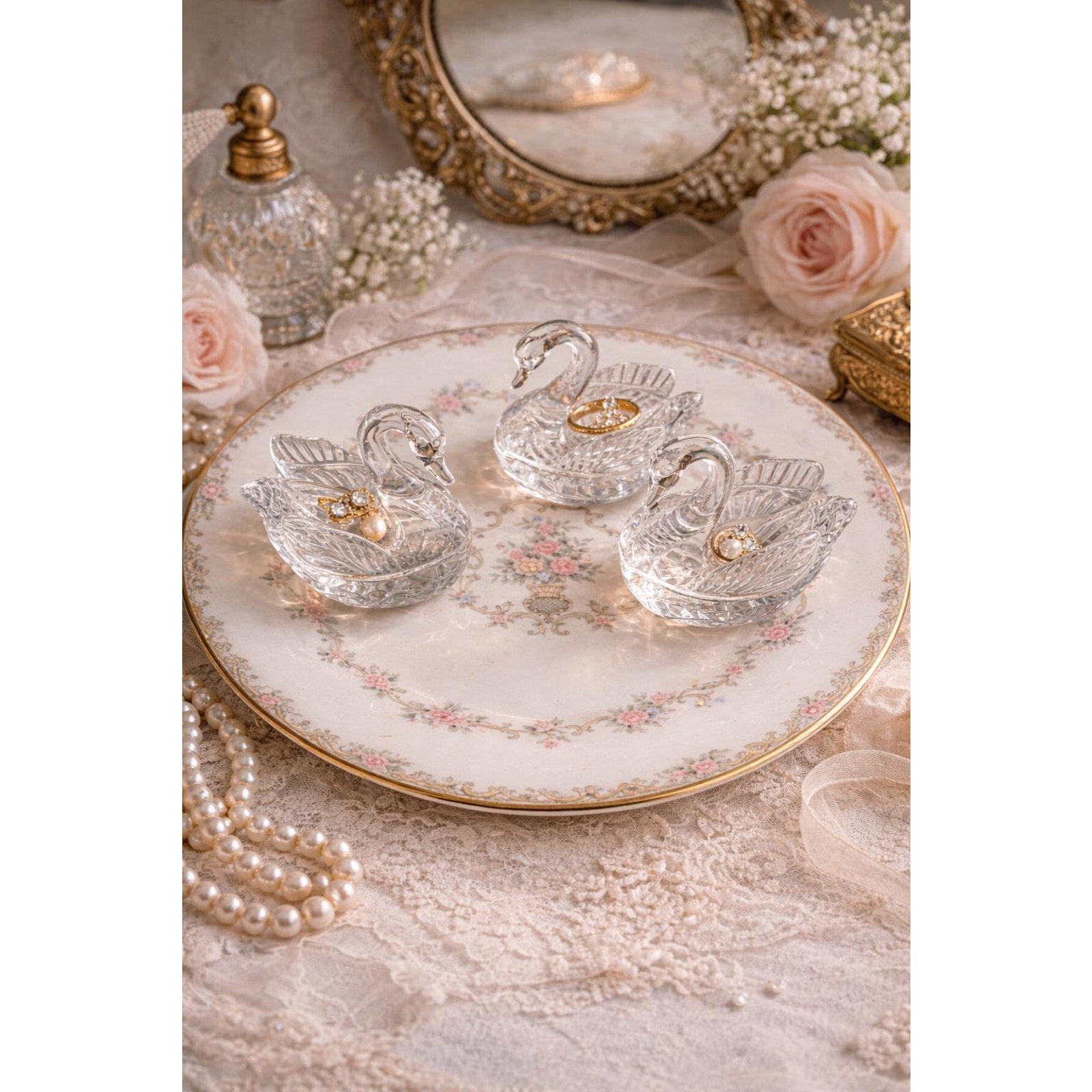 Vintage Swan Crystal Dish Set Noritake Plate Romantic Vanity Decor