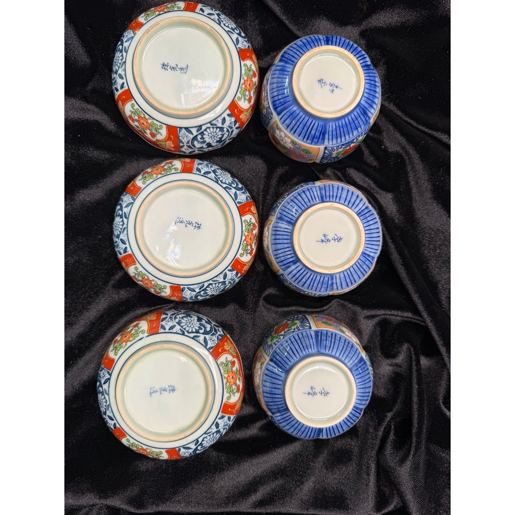 Vintage Japanese Imari Style Kobachi Bowls & Underplates Set of 3 Hand Painted