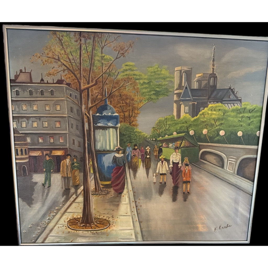 Mid-Century Paris Street Scene Notre Dame Oil Painting Signed Canvas