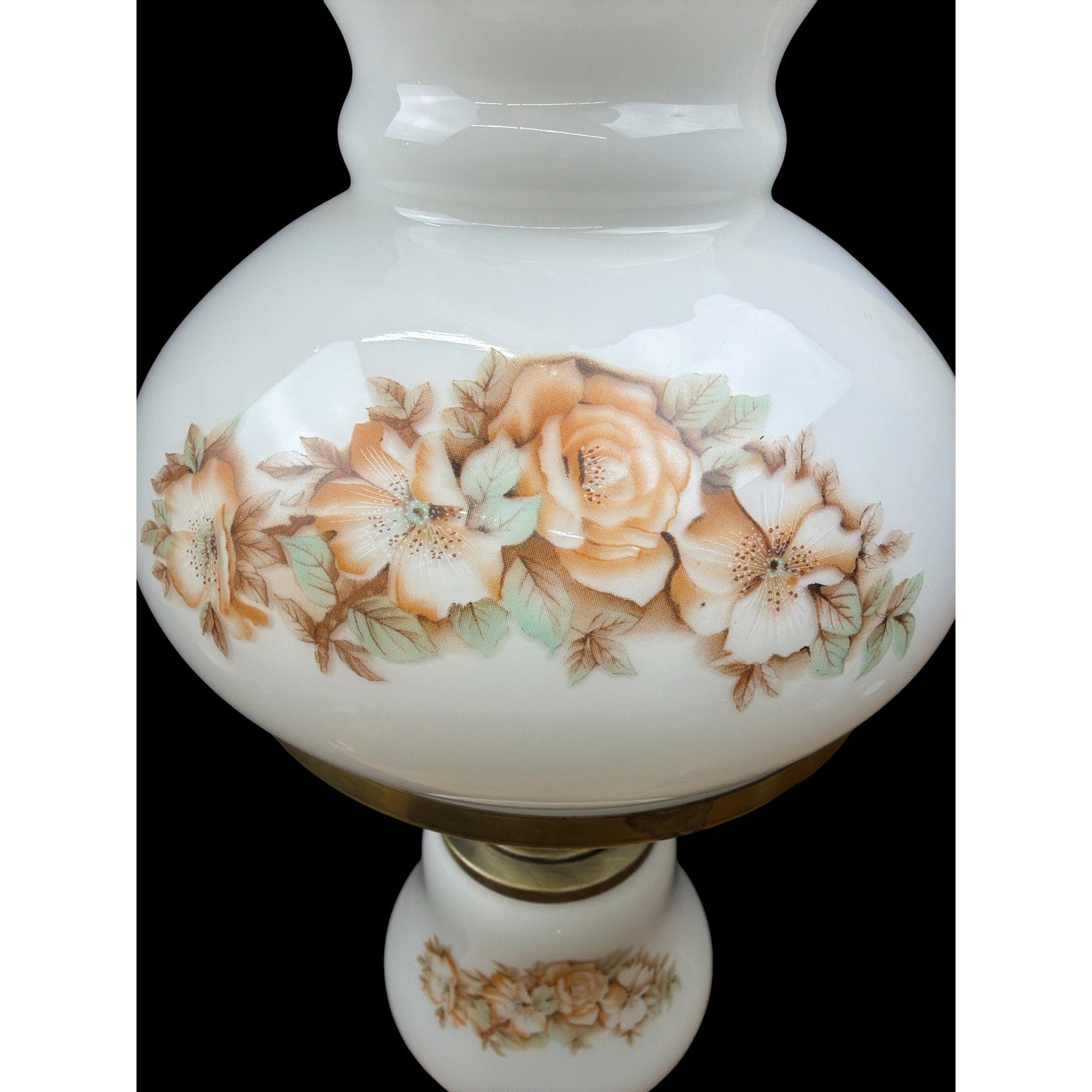 Vintage Milk Glass Hurricane Table Lamp with Floral Shade & Cast Metal Base