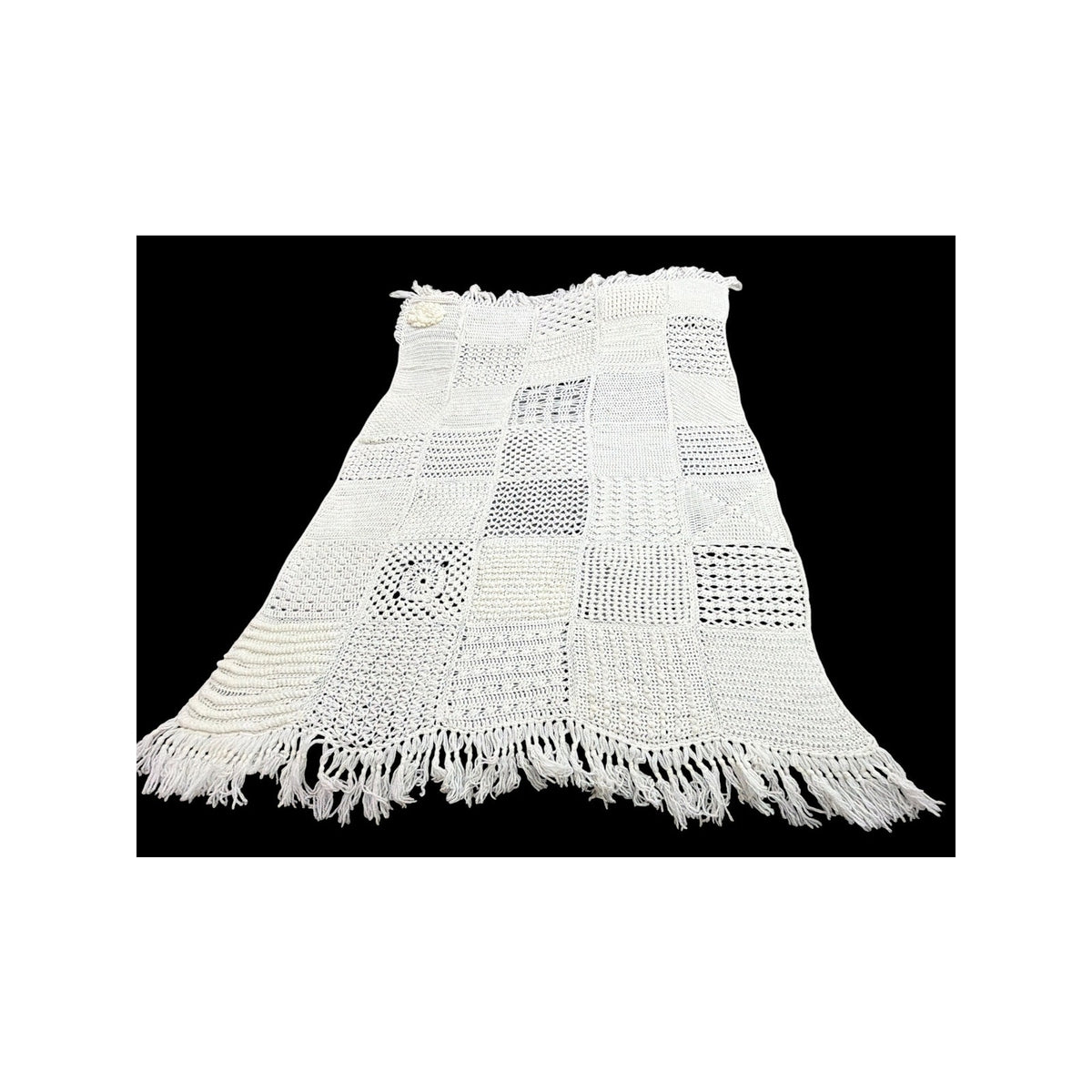 Handmade Crochet Sampler Afghan Winter White Textured Fringe 45 x 64 – additional view 2