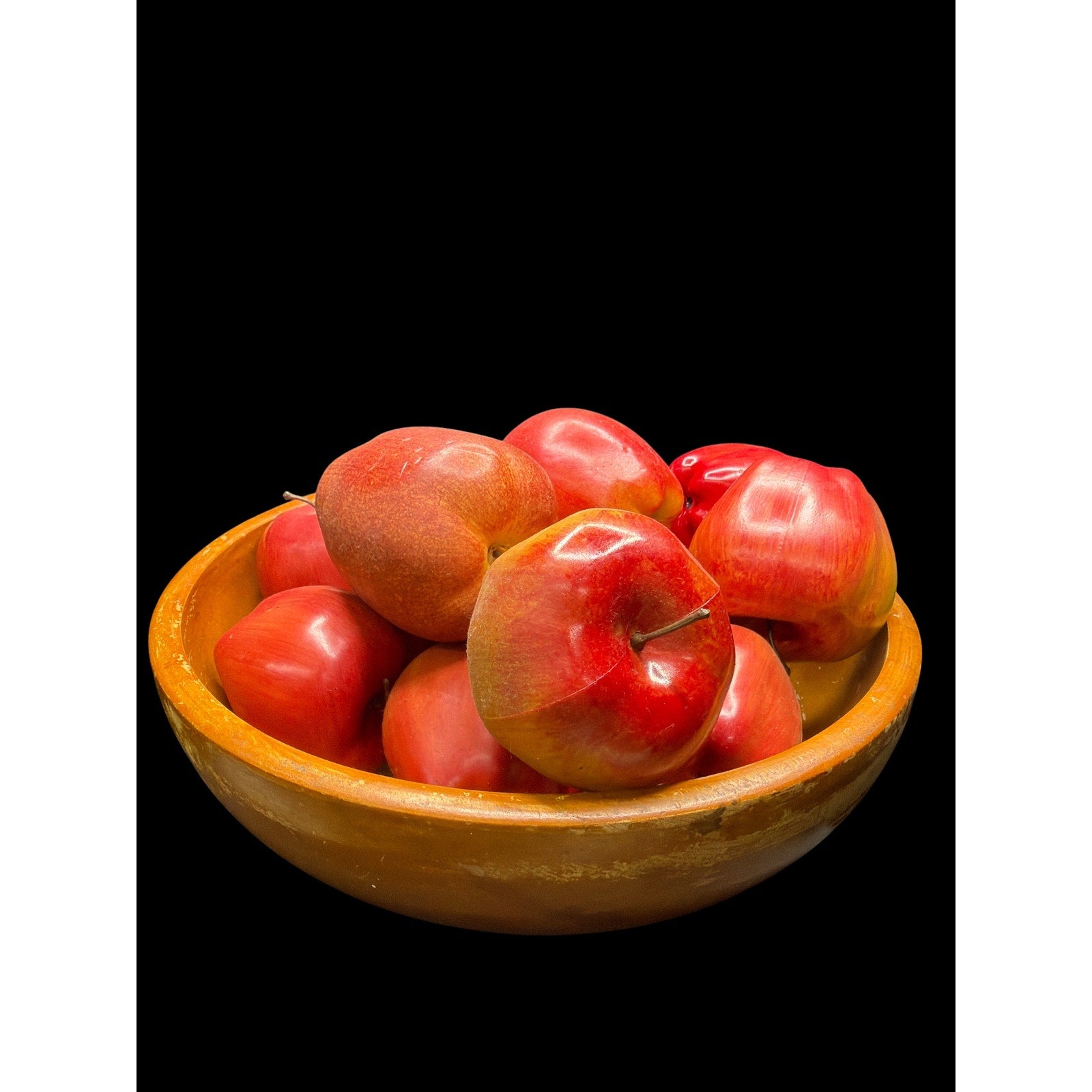 Vintage Wood Bowl with 13 Faux Apples Japan Primitive Farmhouse Decor