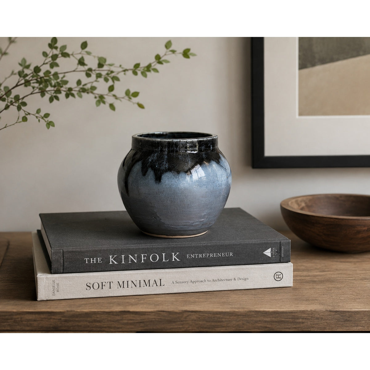 Signed Hand Thrown Studio Pottery Vase Blue Gray Black Drip Glaze – main view