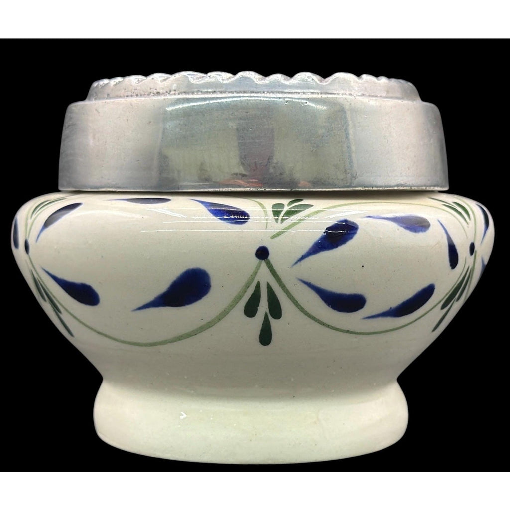 Hand Painted Mexican Ceramic Jar, Pewter Lid, Folk Art Lidded Pot – additional view 3