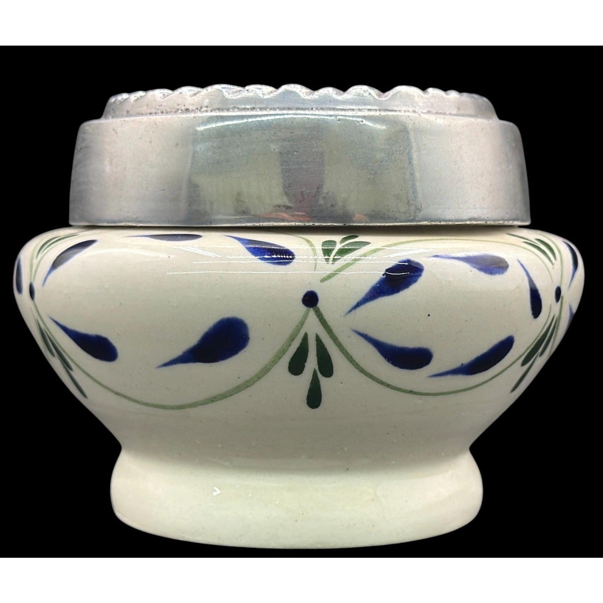 Hand Painted Mexican Ceramic Jar, Pewter Lid, Folk Art Lidded Pot – additional view 3