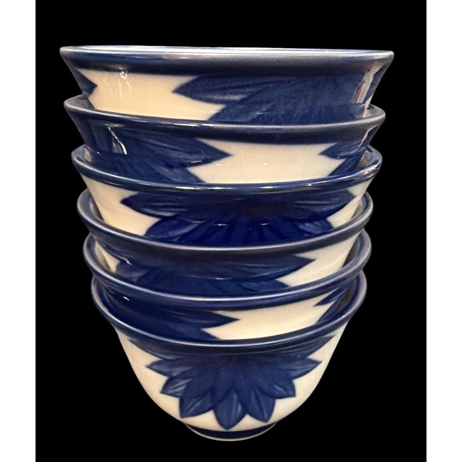 Set of 6 Vintage Blue White Porcelain Rice Bowls, Hand-Painted Floral Tea Bowls