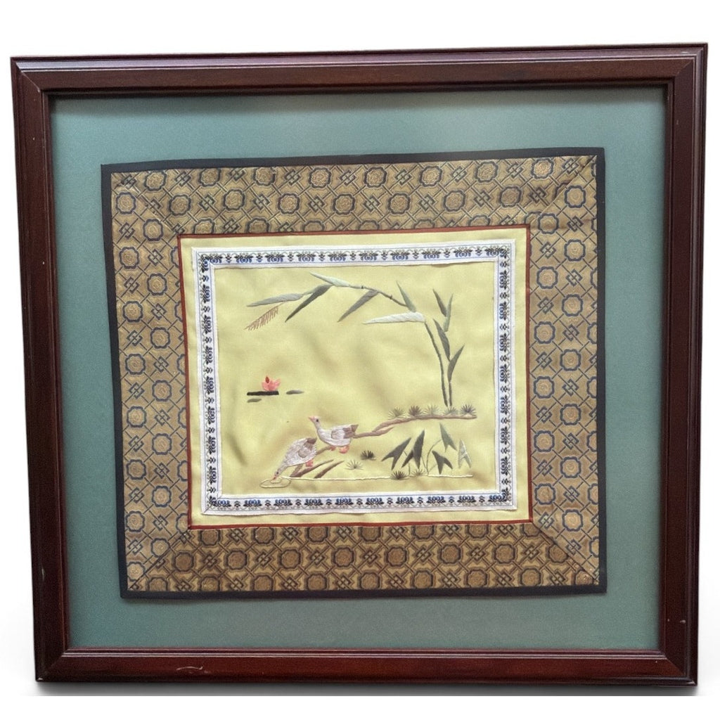 Vintage Chinese Hand Embroidered Silk Art Birds Brocade Framed 16 x 15