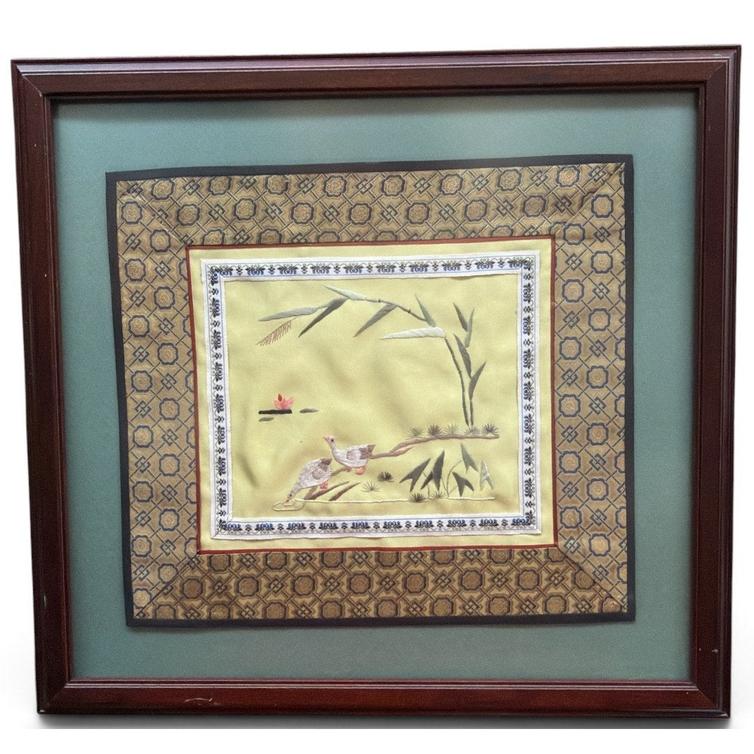 Vintage Chinese Hand Embroidered Silk Art Birds Brocade Framed 16 x 15