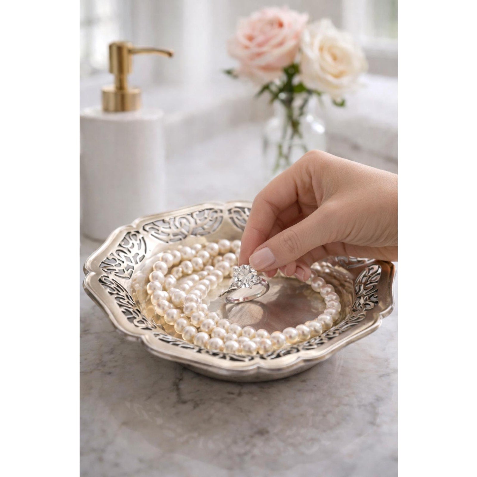 Vintage Silver Filigree Bowl Jewelry Dish Vanity Ring Holder Trinket Dish Bridal Bathroom Decor