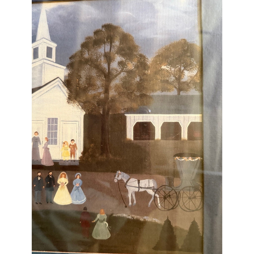 Jean Colquhoun Folk Art Wedding Church Horse Carriage Framed Americana