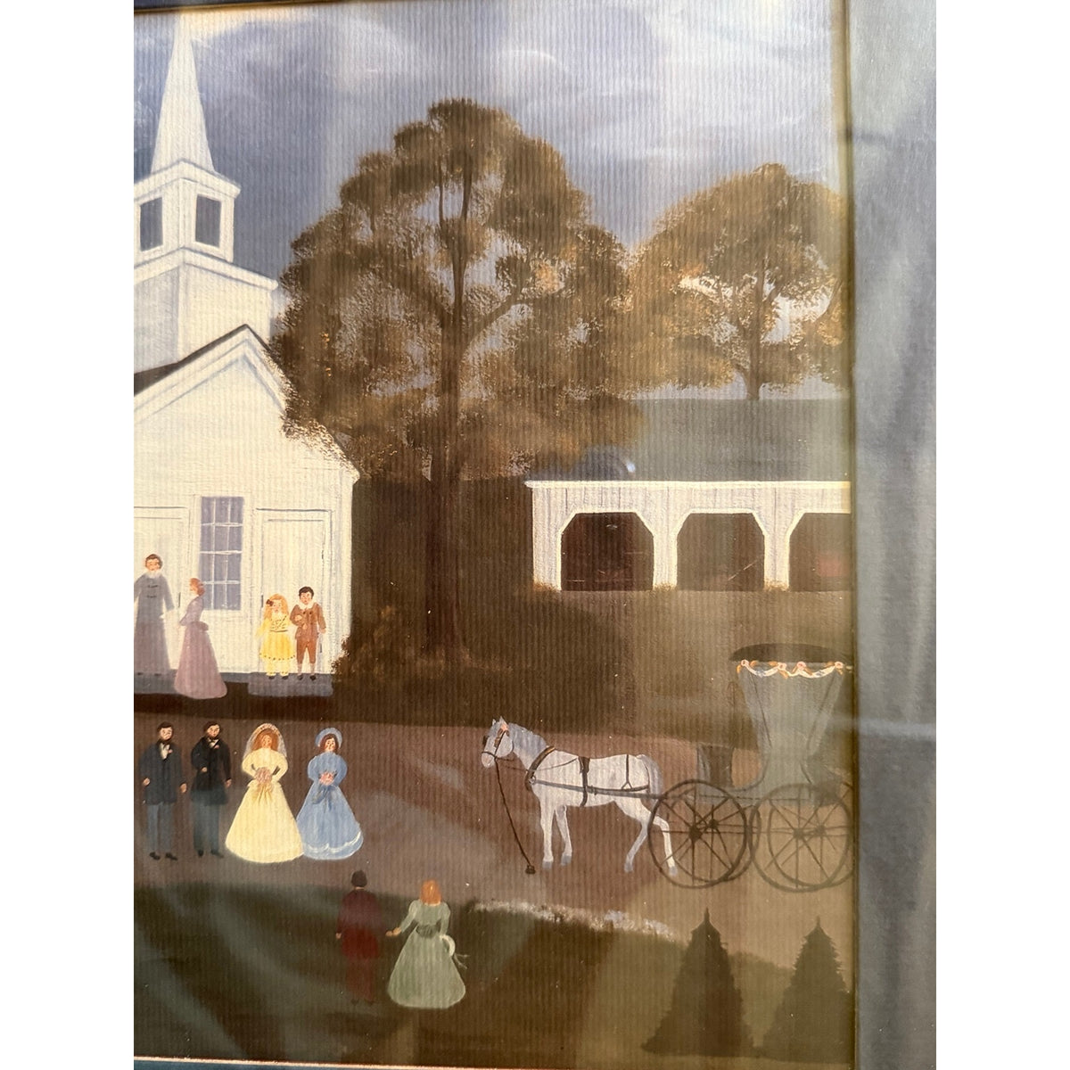 Jean Colquhoun Folk Art Wedding Church Horse Carriage Framed Americana