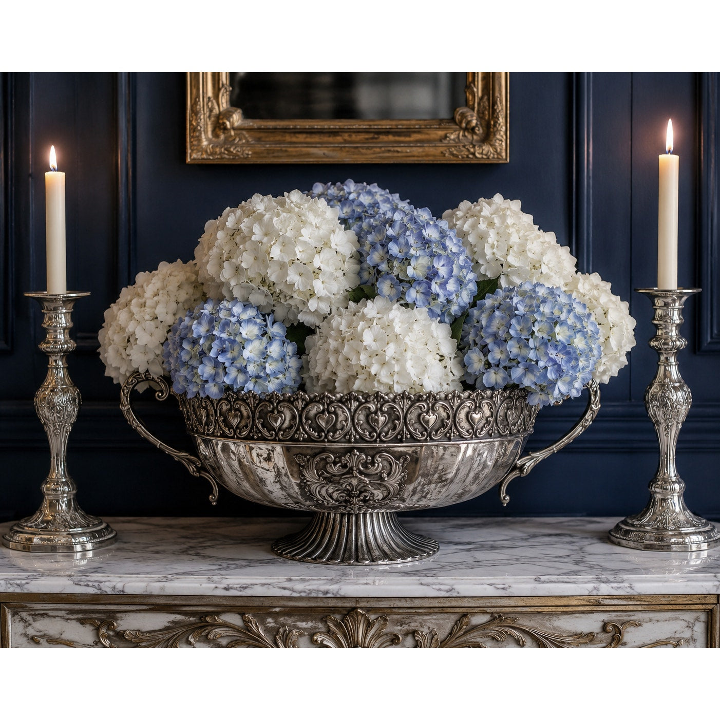 Large Victorian Revival Silver Tone Centerpiece Bowl Grapevine Handles