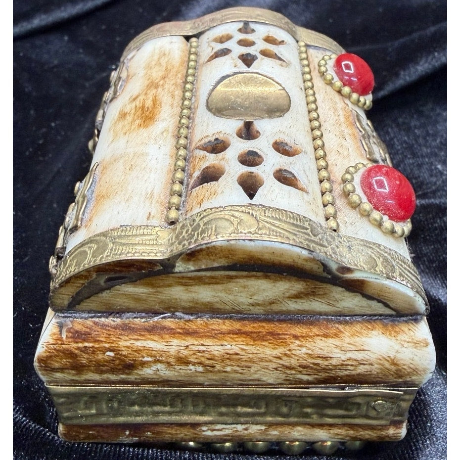 Vintage Bone & Brass Jewelry Box Purple Velvet Lined Keepsake Trinket Box