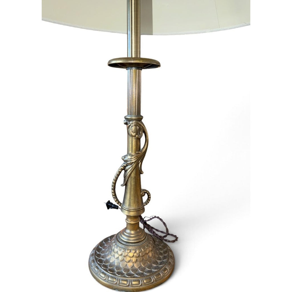 Pair of Vintage Ornate Metal Table Lamps Bronze Brass Patina Silk Shades 30"