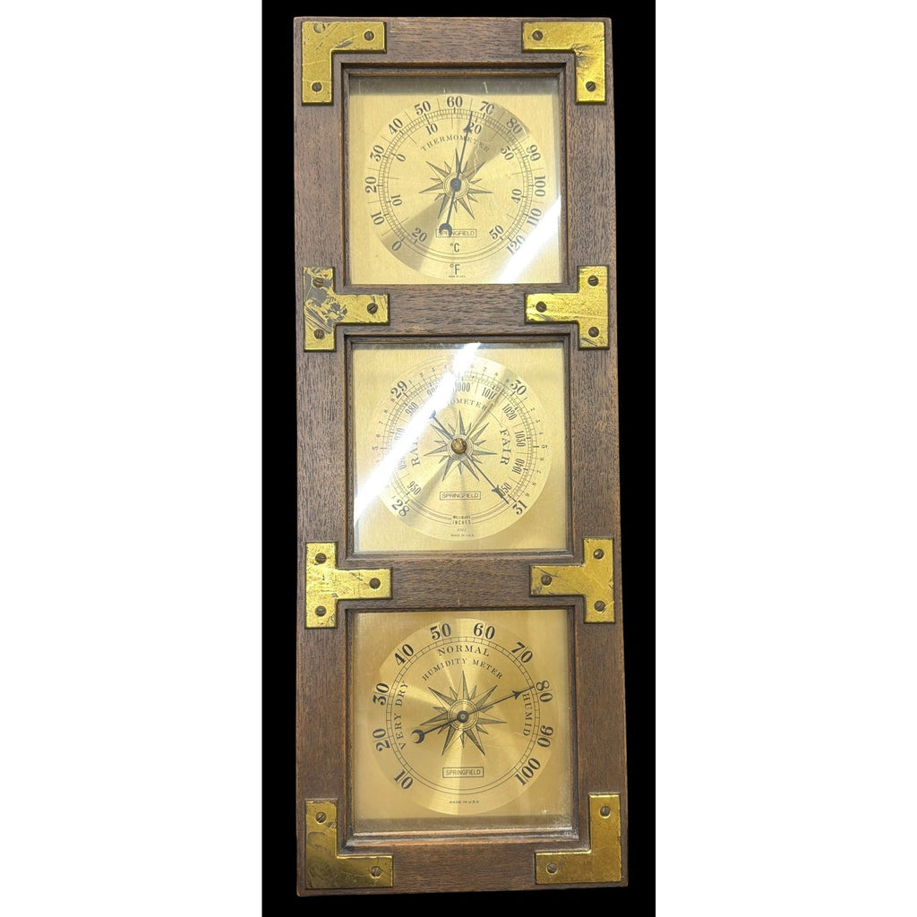Vintage Springfield 3702 Weather Station Barometer Thermometer Hygrometer Wood Brass