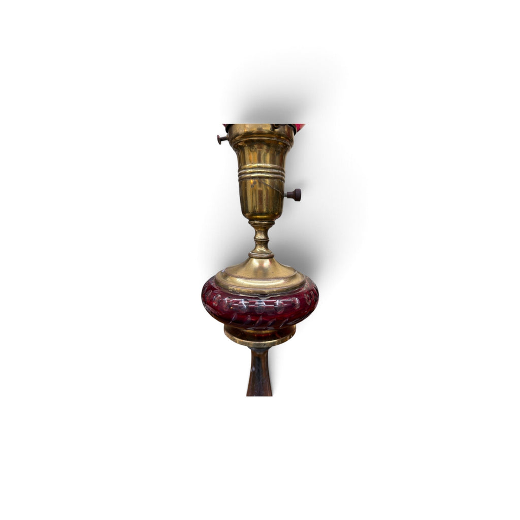 Pair Antique Victorian Ruby Cut Glass Lamps Brass Marble Bases 21.5"
