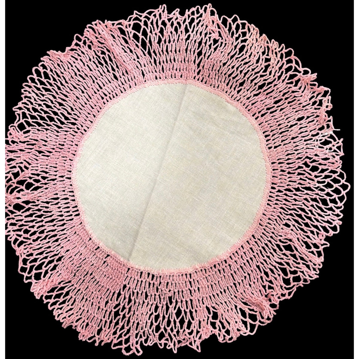 Vintage 1940s Pink Crochet Doily White Fabric Center Handmade 13 Inch – additional view 2
