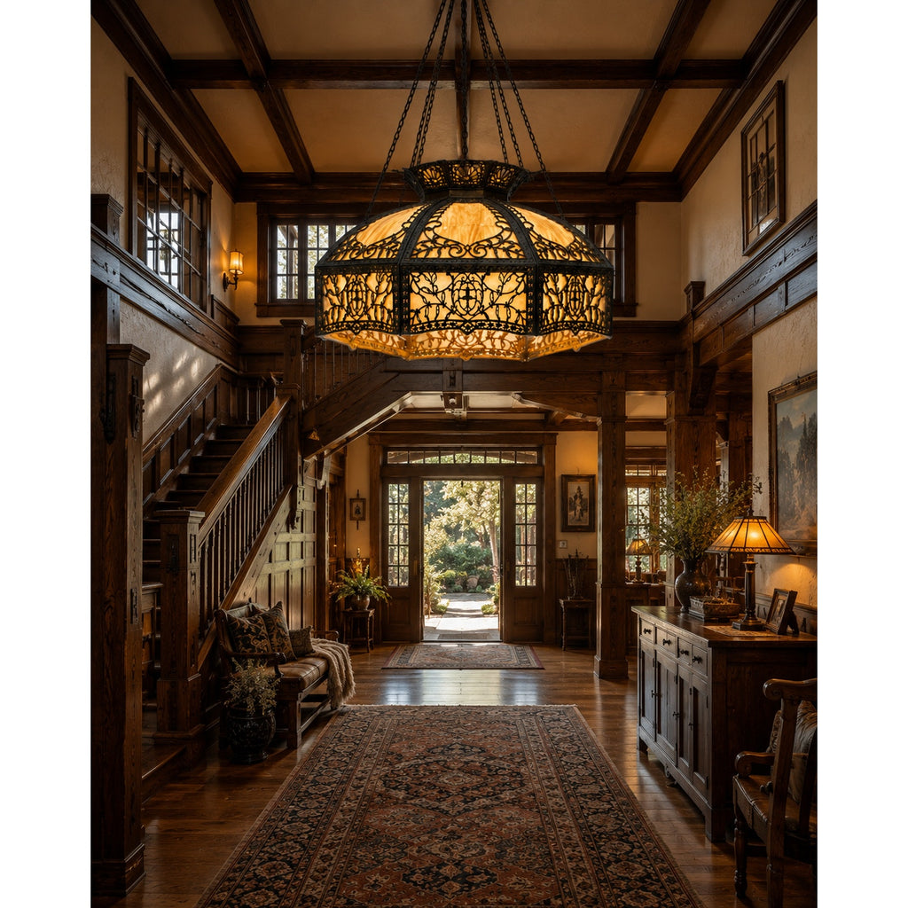 Monumental 23" American Art Nouveau Slag Glass Chandelier Shade c.1908-1920