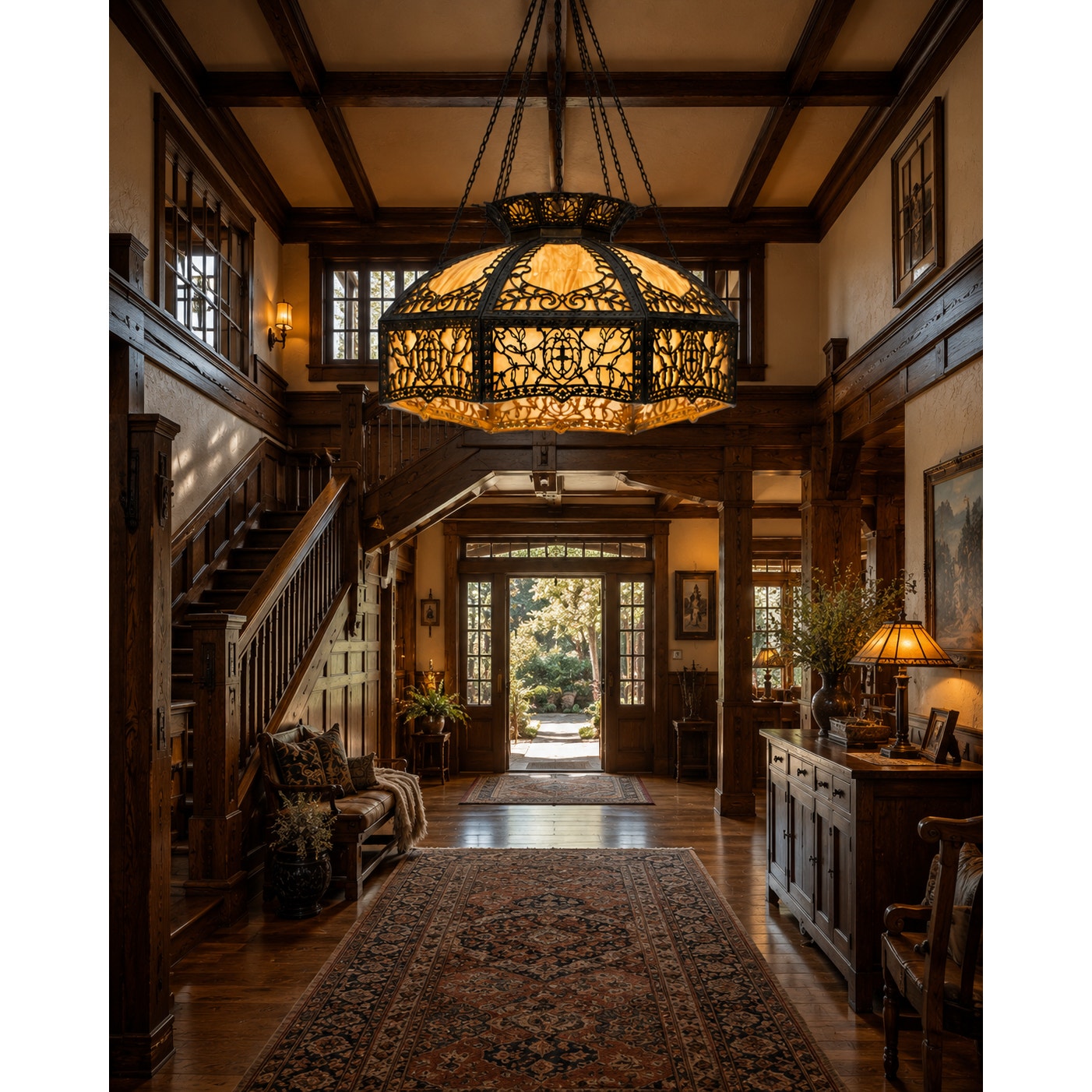 Monumental 23" American Art Nouveau Slag Glass Chandelier Shade c.1908-1920