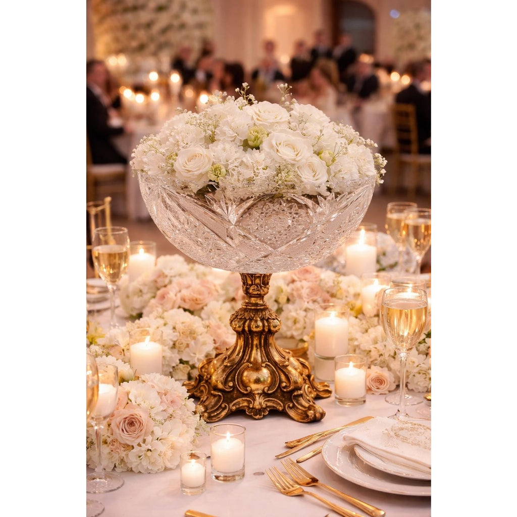 Vintage Cut Crystal Pedestal Compote Bowl, Ornate Metal Stand Centerpiece