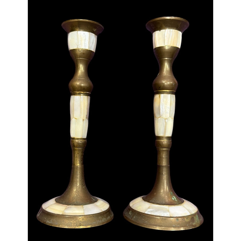 Vintage Brass Mother of Pearl Candlesticks Pair India 6.25 Inch – additional view 2
