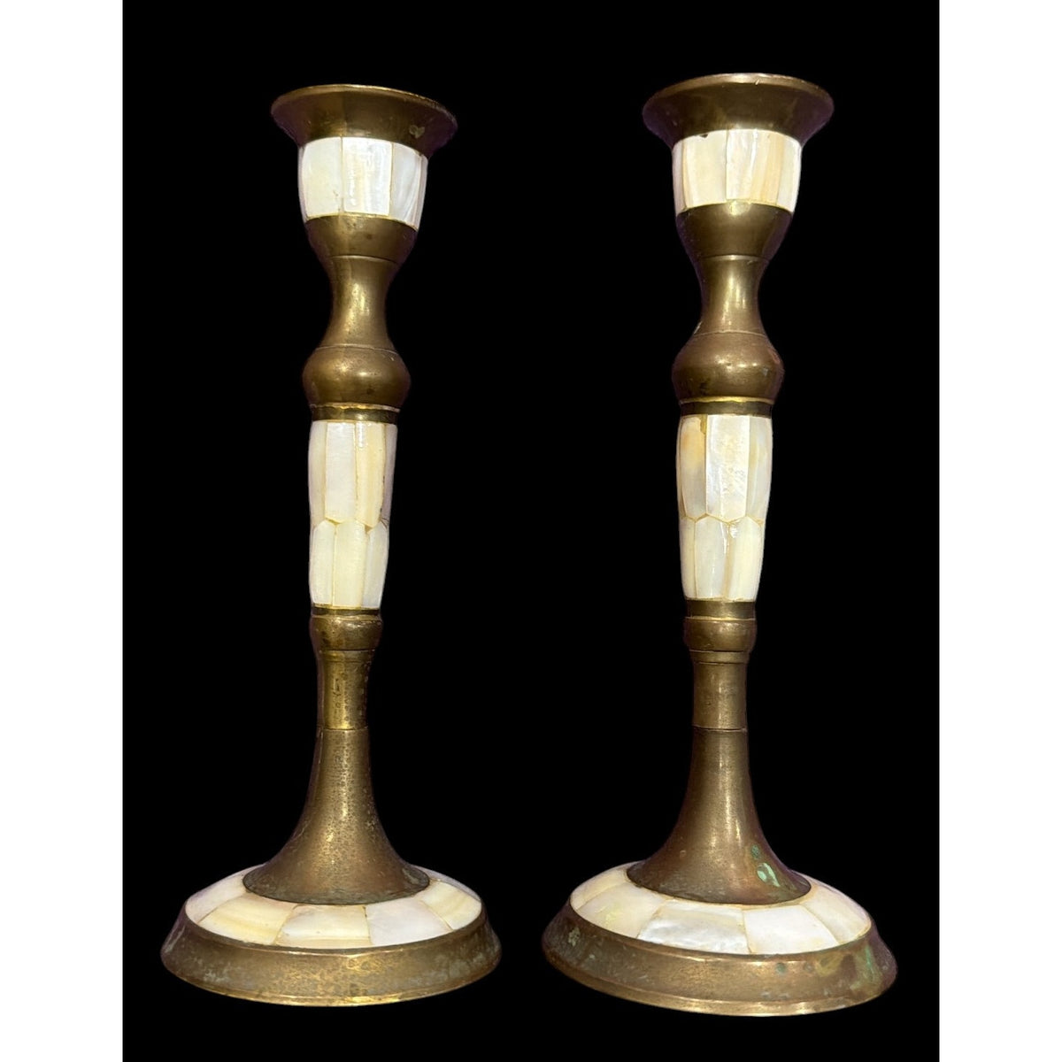 Vintage Brass Mother of Pearl Candlesticks Pair India 6.25 Inch – additional view 2