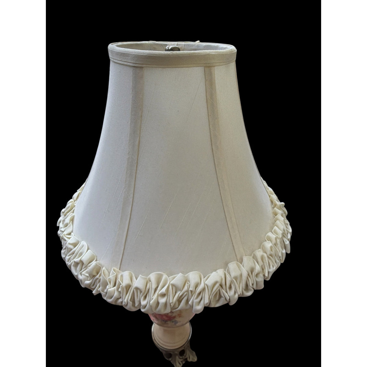 Vintage Floral Swan Handle Boudoir Lamp Cream Ceramic Urn Ruffled Shade
