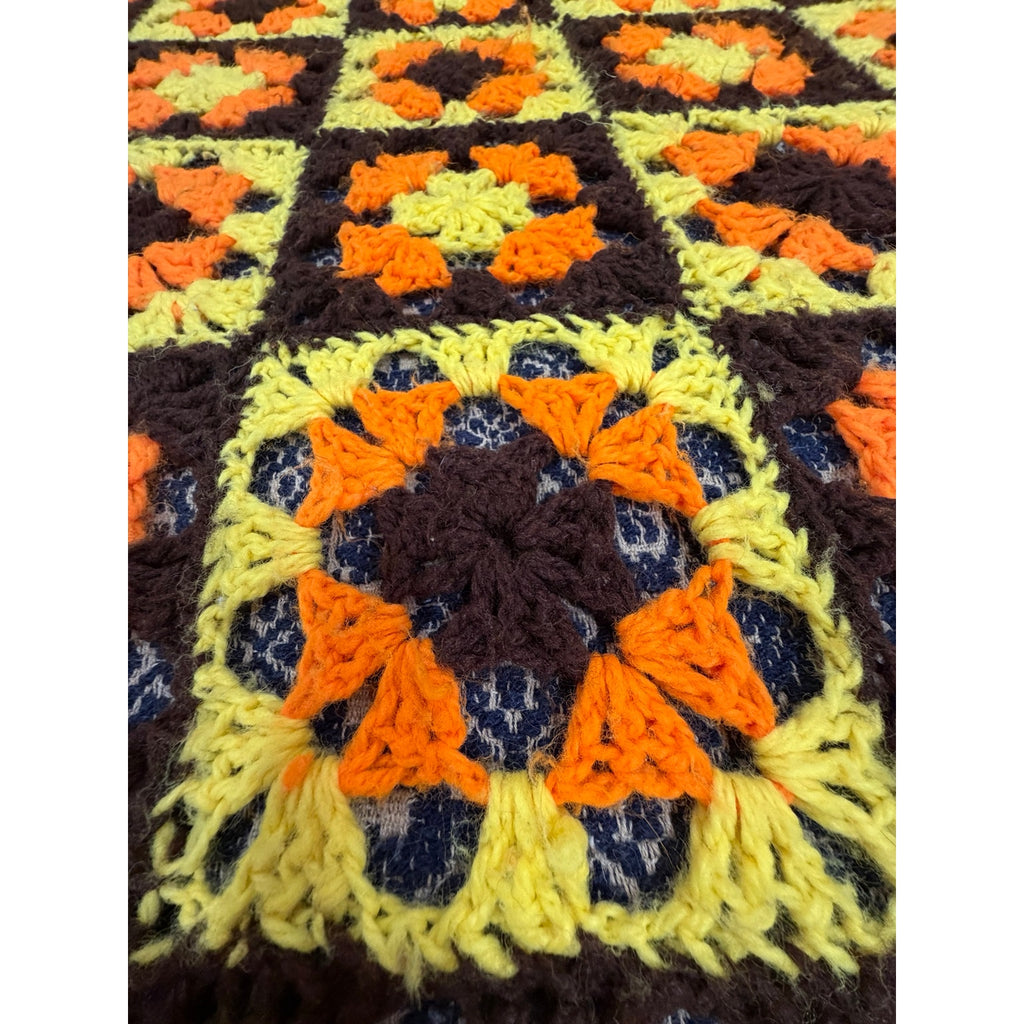 Vintage 1970s Granny Square Afghan Orange Brown Yellow Crochet 72 x 52