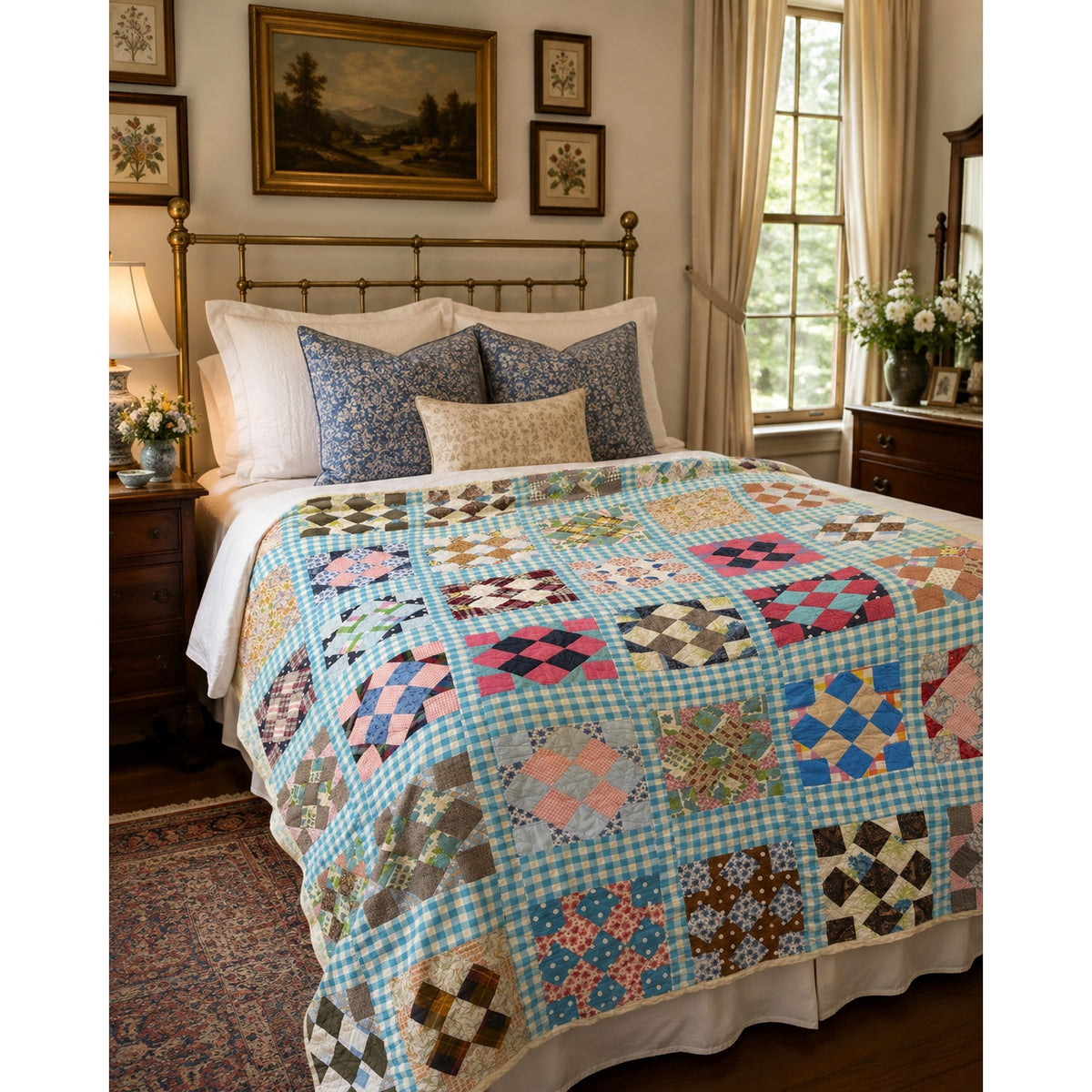 Vintage Hand Quilted 20-Piece Nine Patch Quilt Blue Gingham 66 x 77 – main view