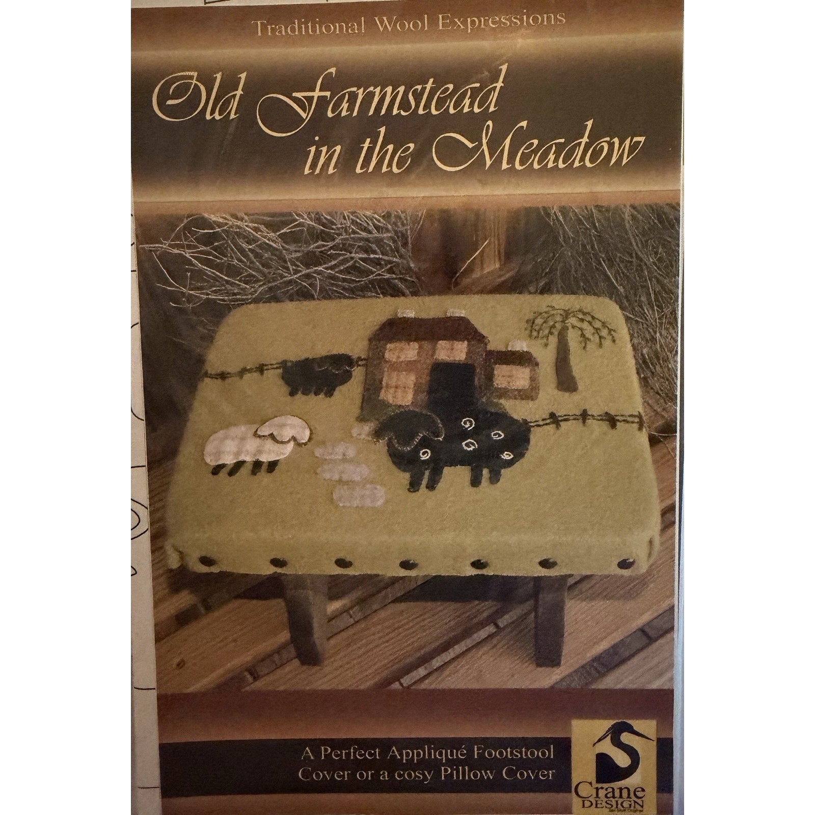 Old Farmstead in the Meadow Wool Applique Pattern Crane Design