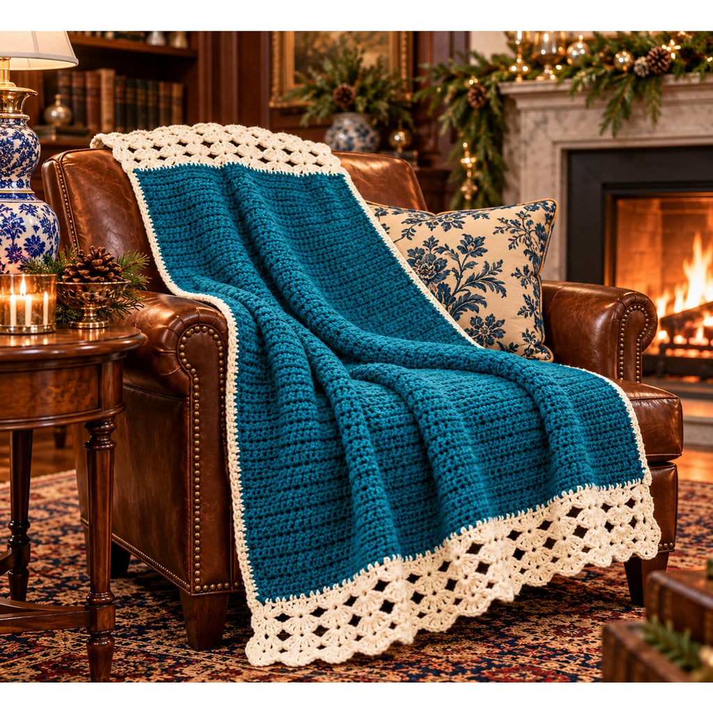 Handmade Crochet Afghan Blanket Peacock Blue Ivory Lace Trim 58 x 46