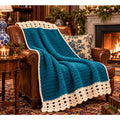 Handmade Crochet Afghan Blanket Peacock Blue Ivory Lace Trim 58 x 46
