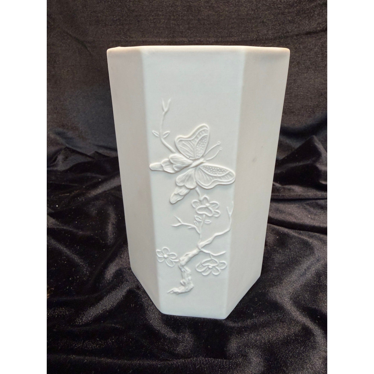 Vintage Matte Bisque Porcelain Butterfly & Cherry Blossom Hexagon Vase 7"
