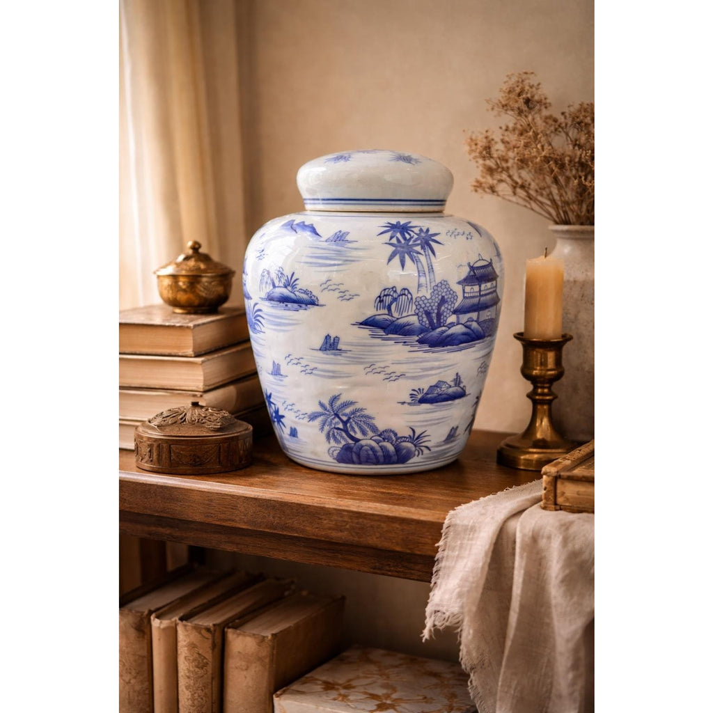 Large Vintage Blue White Chinoiserie Ginger Jar – 10 Landscape Vase