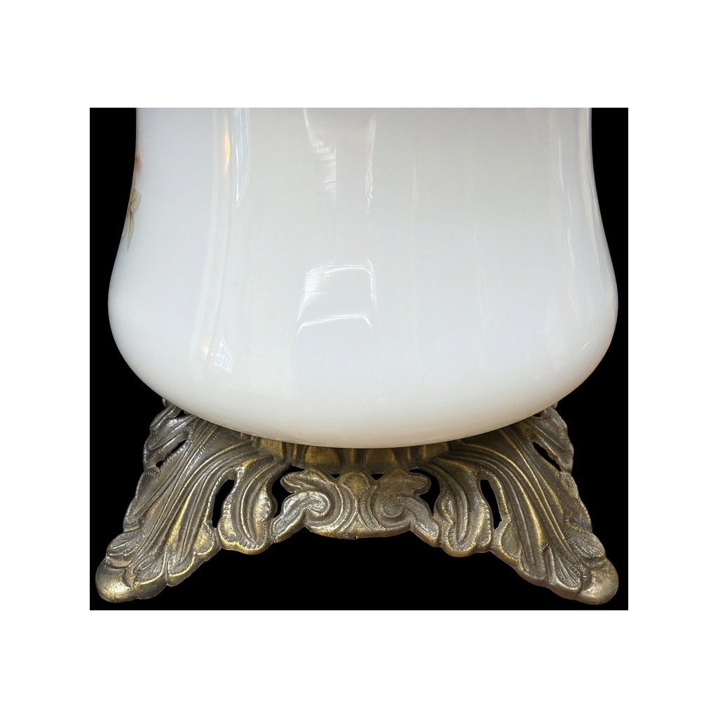 Vintage Floral Milk Glass Table Lamp Brass Base Cottage Bedroom Lighting