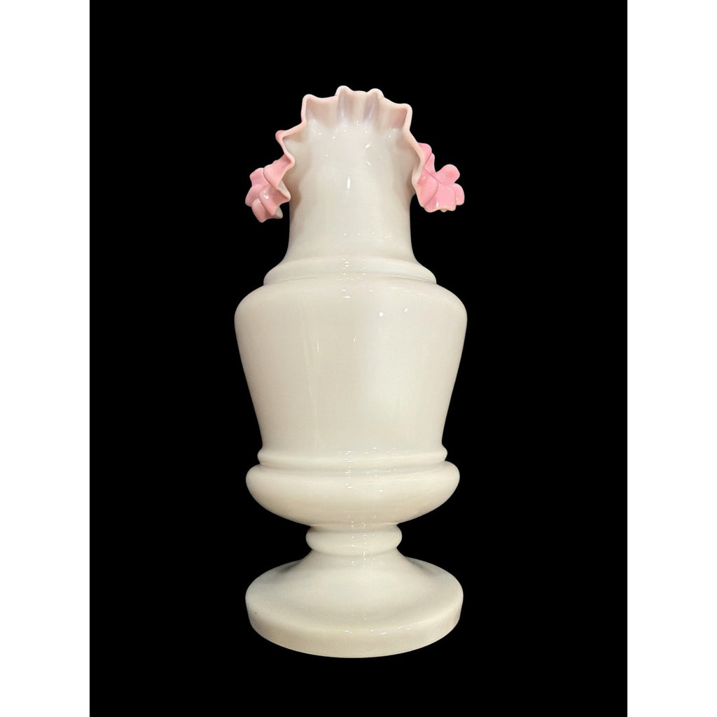 Antique Victorian Opaline Bristol Glass Vase, Hand Blown White & Pink Ruffled Art Glass, 10” Pedestal Vase, Elegant Victorian Home Decor